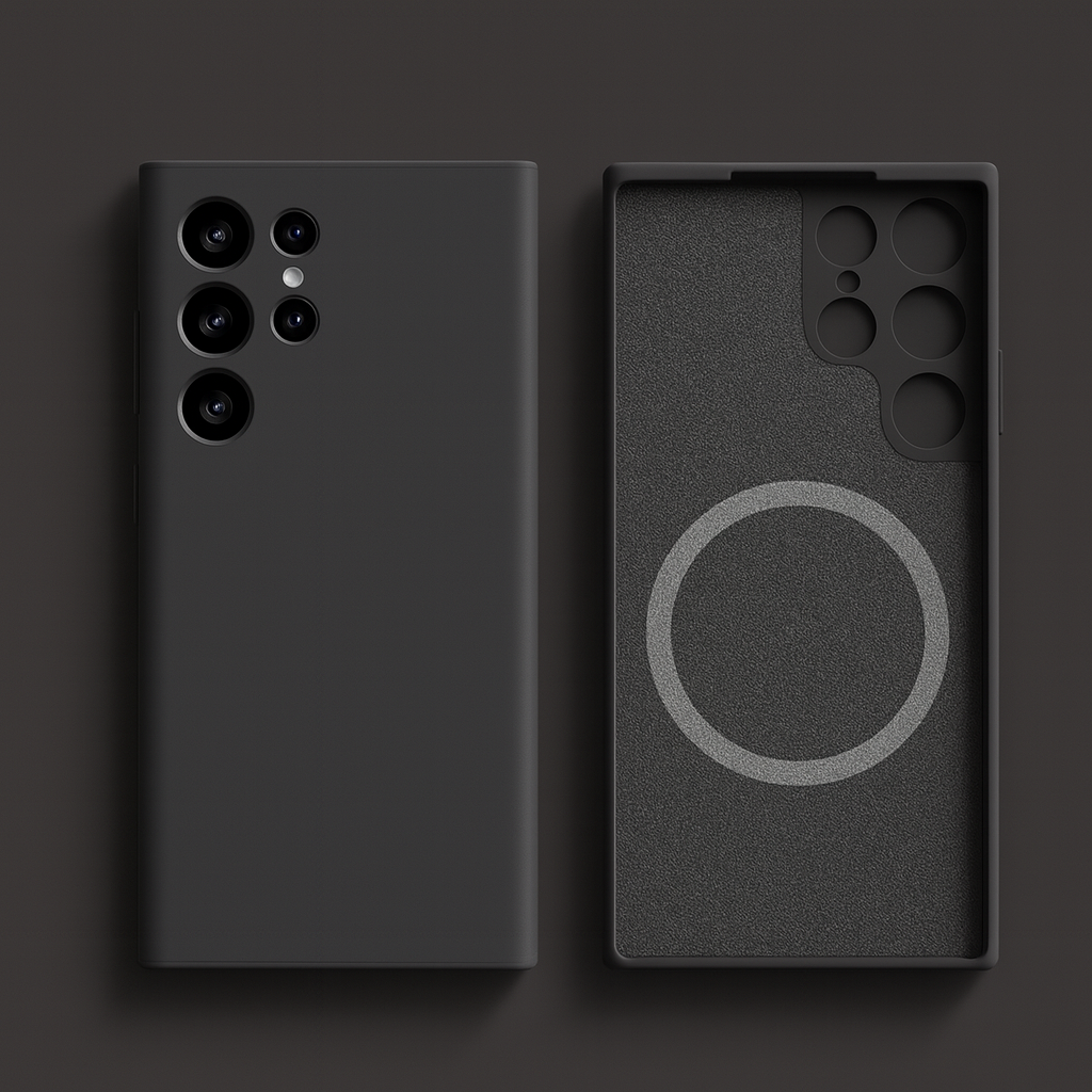 Coque Noire avec MagSafe – Samsung S25 Ultra / Plus / FE – Silicone Liquide Premium & Protection Antichoc