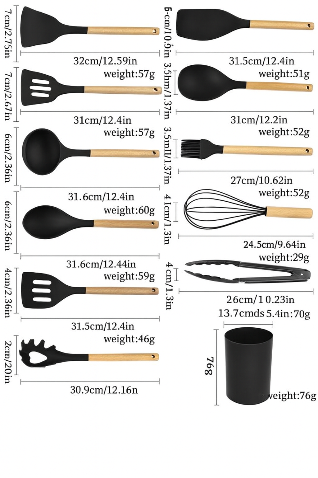 Ensemble d’Ustensiles de Cuisine en Silicone avec Manche en Bois – 12 Pièces