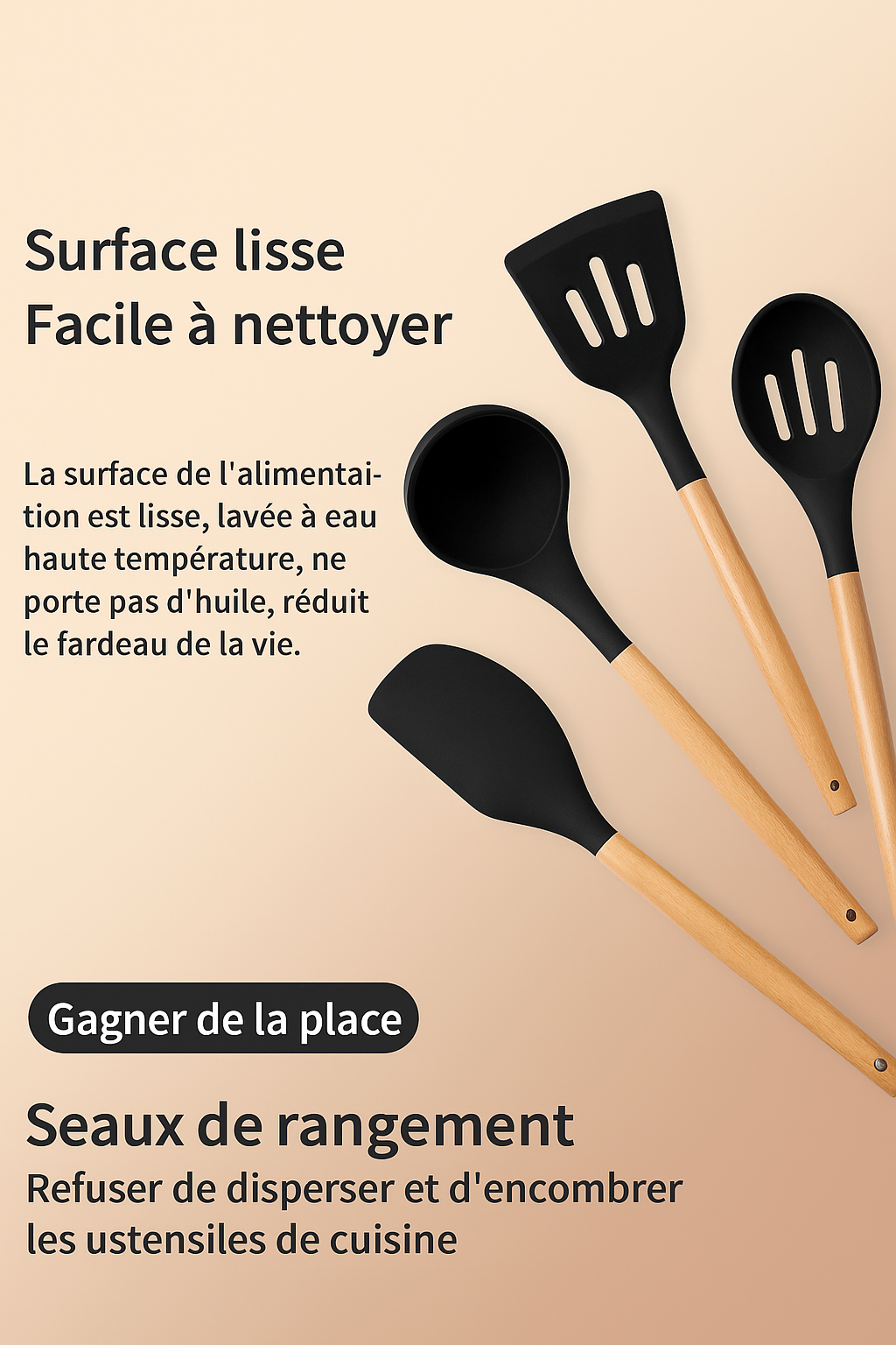 Ensemble d’Ustensiles de Cuisine en Silicone avec Manche en Bois – 12 Pièces