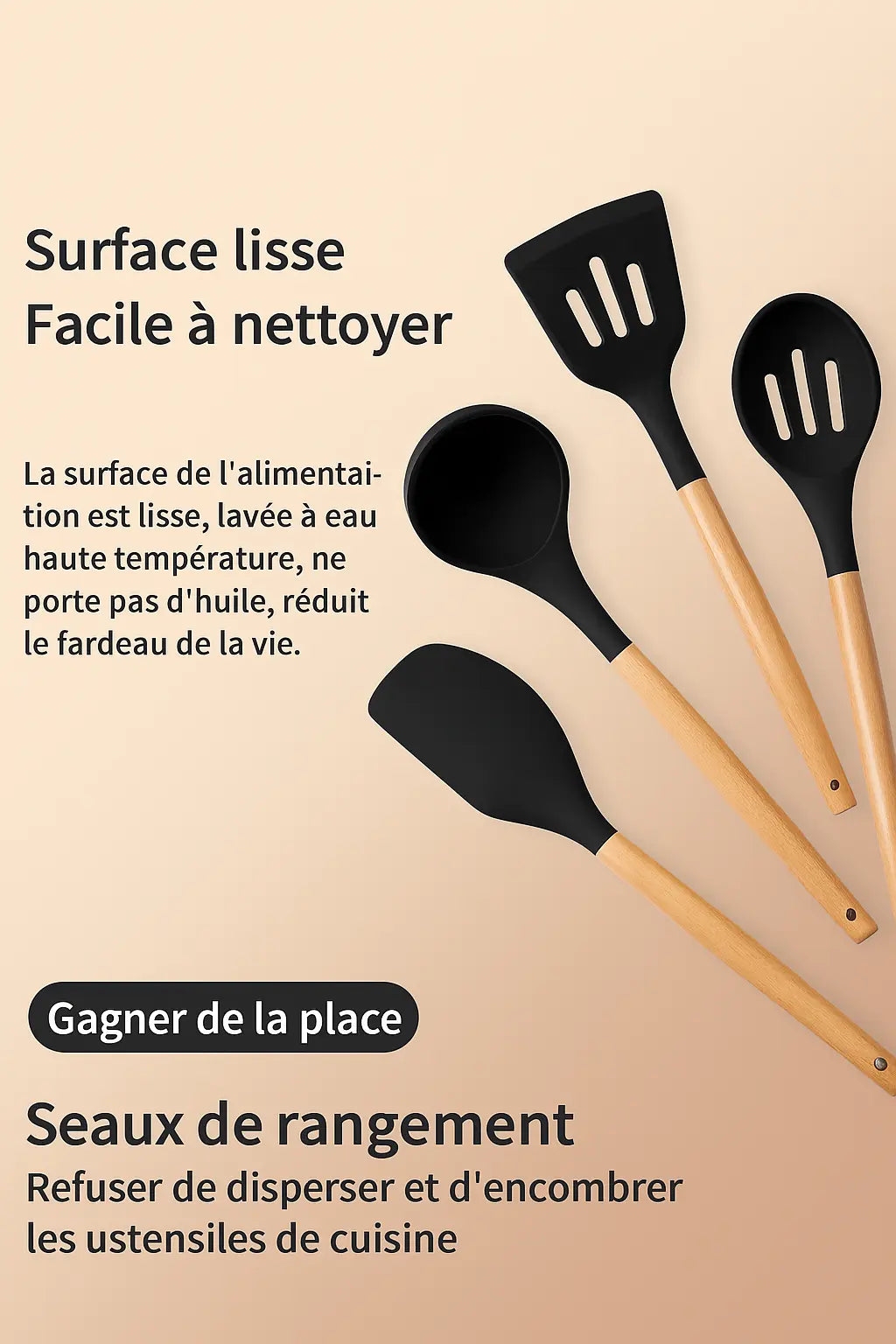 Ensemble d’Ustensiles de Cuisine en Silicone avec Manche en Bois – 12 Pièces UMII