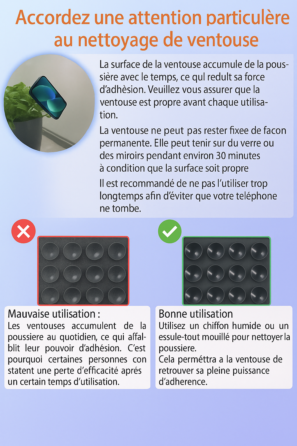 Support Mural Téléphone en Silicone Noir – Carré, Antidérapant, à Ventouse et Autocollant