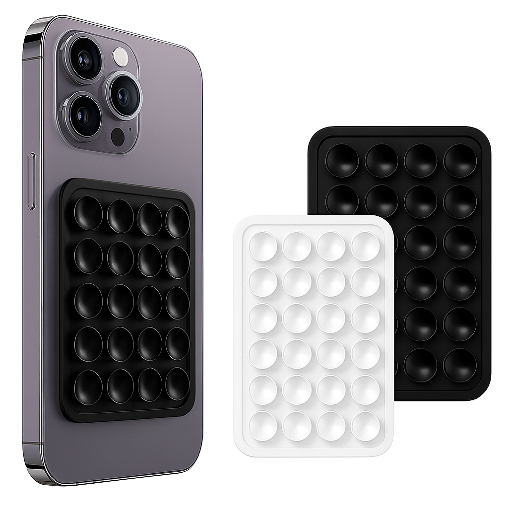 Support Mural Téléphone en Silicone Noir – Carré, Antidérapant, à Ventouse et Autocollant