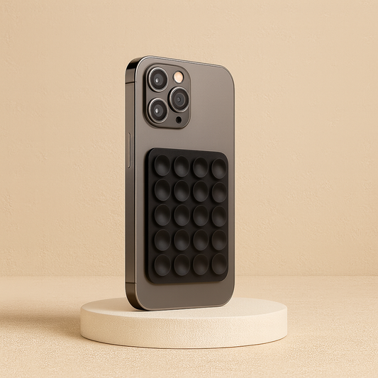 Support Mural Téléphone en Silicone Noir – Carré, Antidérapant, à Ventouse et Autocollant