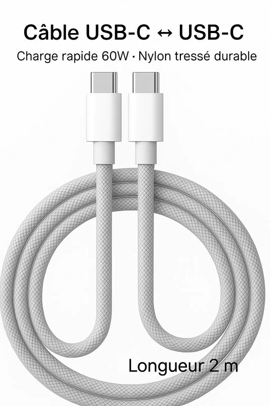 Câble USB-C 60W Tressé – Charge Rapide UMII
