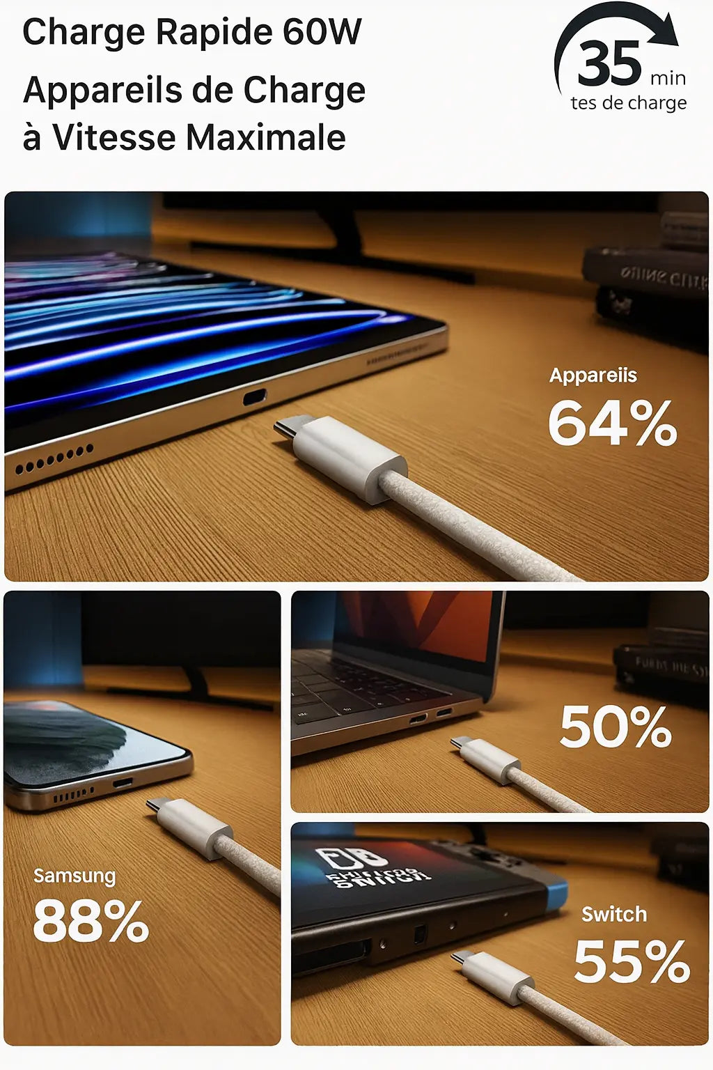 Câble USB-C 60W Tressé – Charge Rapide UMII