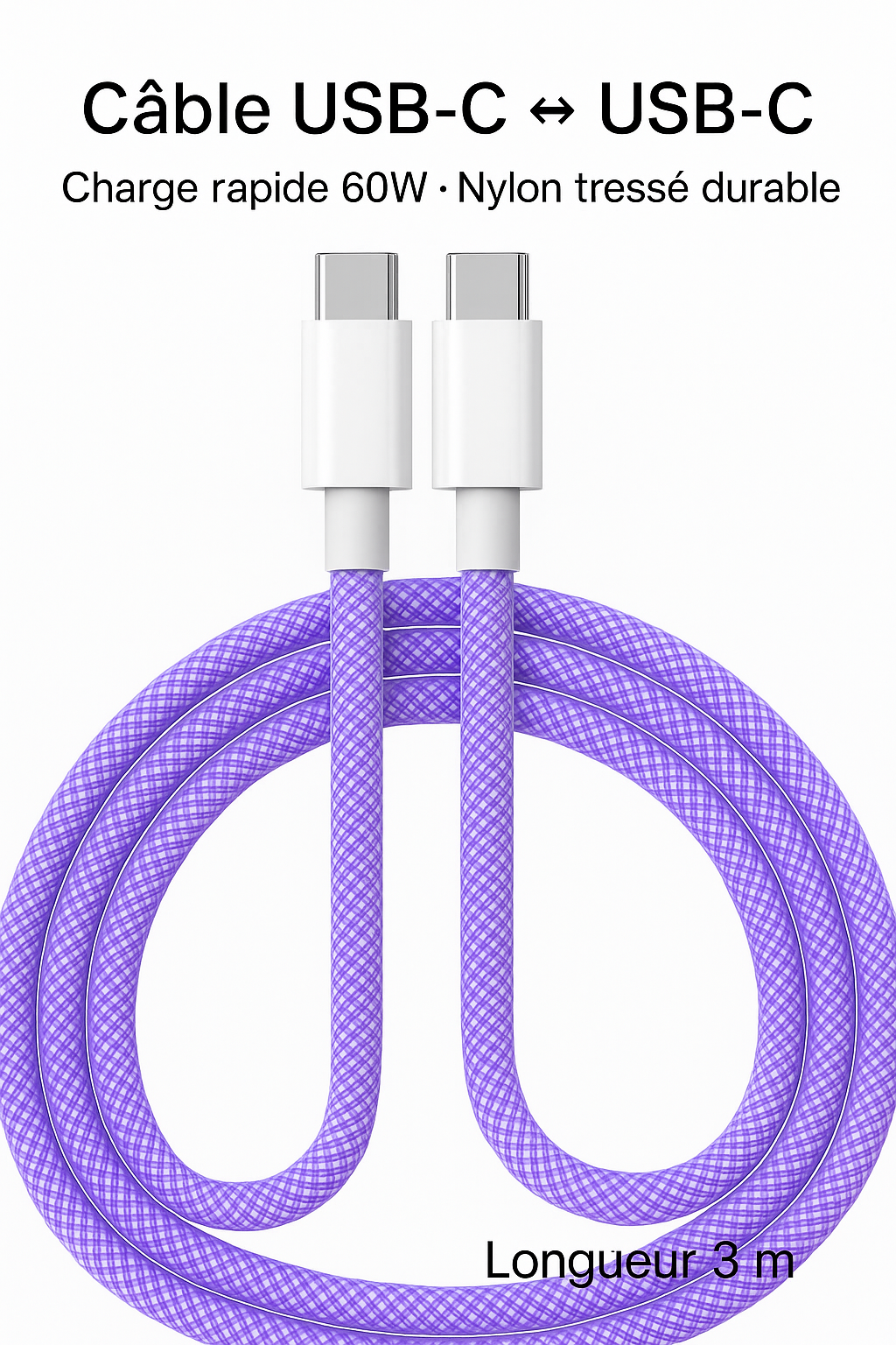 Câble USB-C 60W Tressé – Charge Rapide
