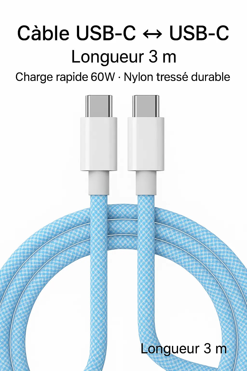 Câble USB-C 60W Tressé – Charge Rapide UMII