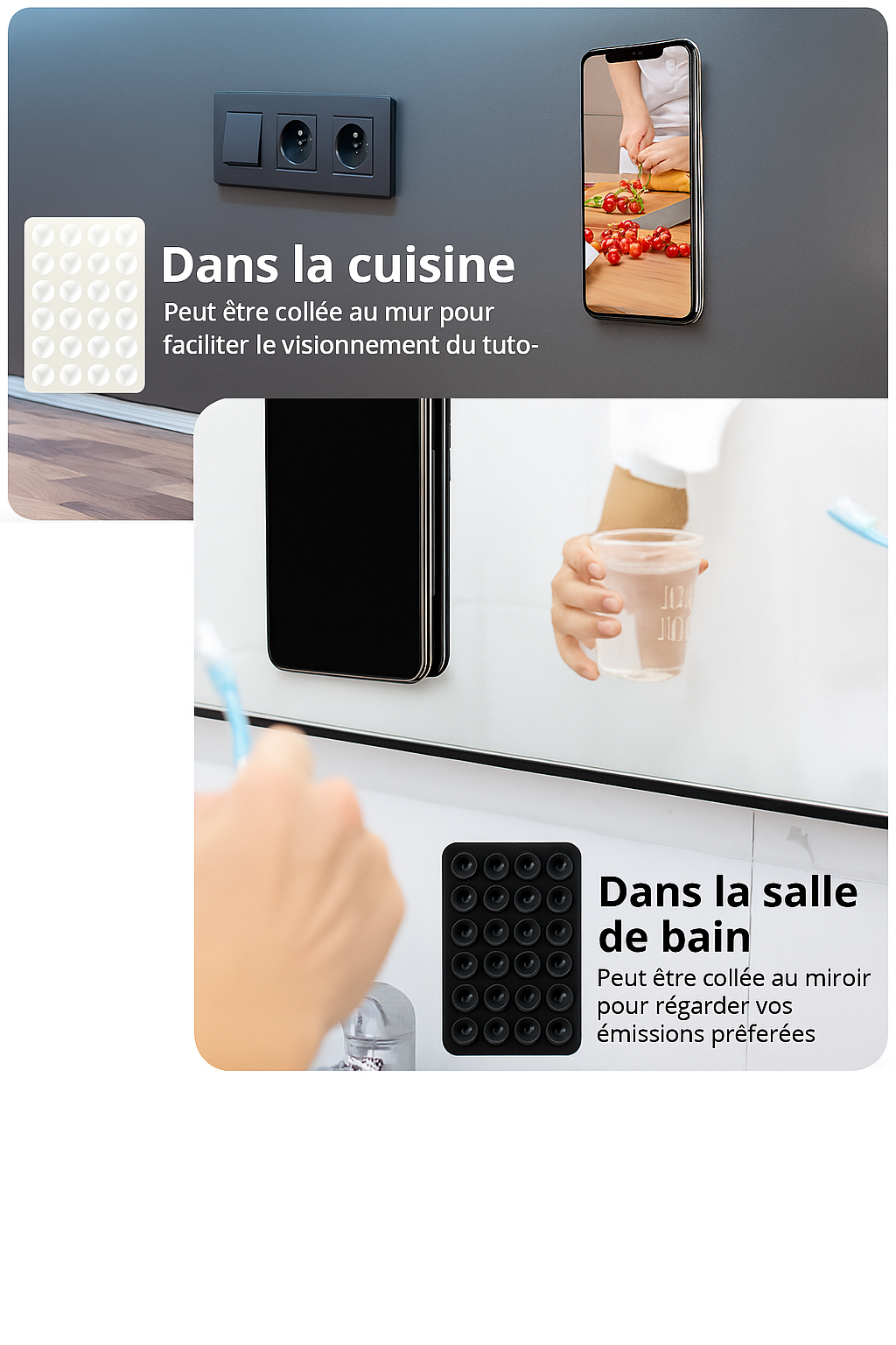 Support Mural Téléphone en Silicone Noir – Carré, Antidérapant, à Ventouse et Autocollant