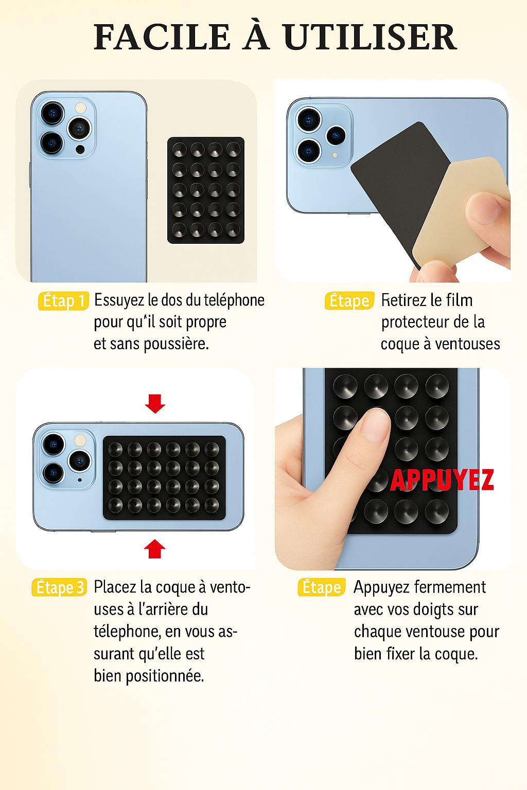 Support Mural Téléphone en Silicone Noir – Carré, Antidérapant, à Ventouse et Autocollant