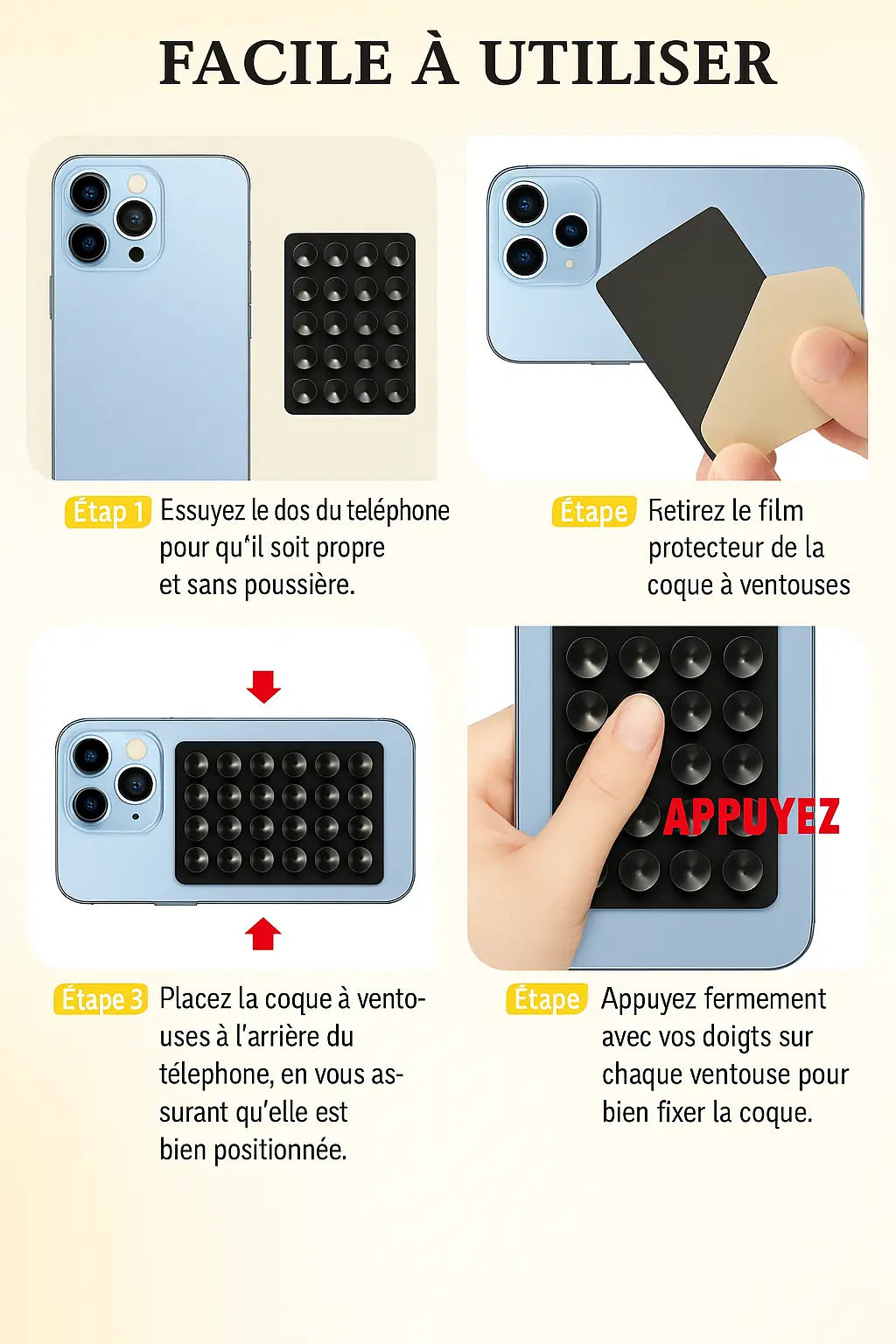 Support Mural Téléphone en Silicone Noir – Carré, Antidérapant, à Ventouse et Autocollant UMII