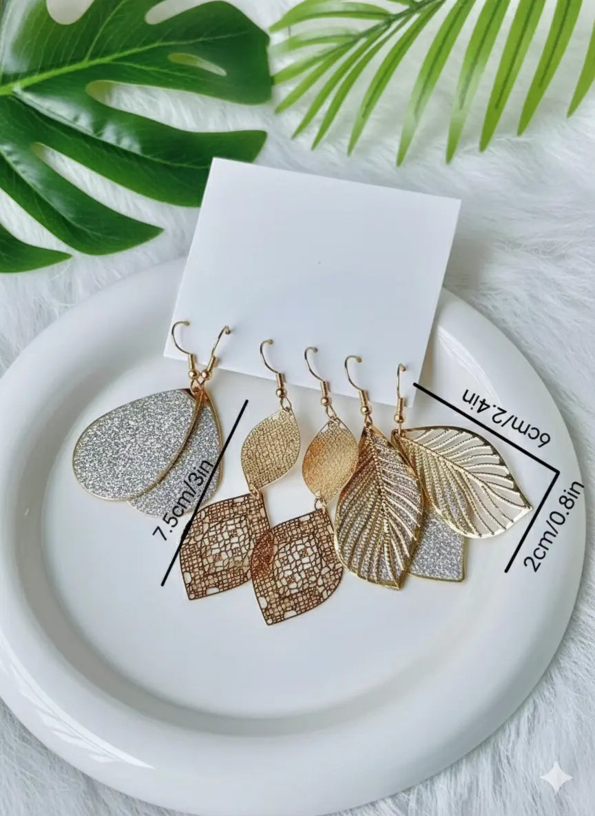 Lot de 3 paires de boucles d’oreilles feuille & goutte – Style élégant UMII