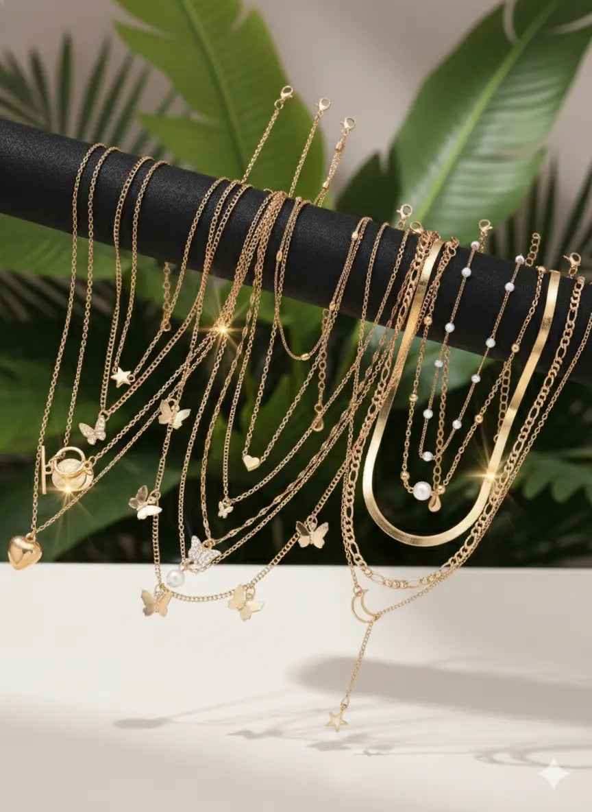 Set de 13 Colliers Superposés – Charms Cœur, Papillon, Étoile & Lune UMII
