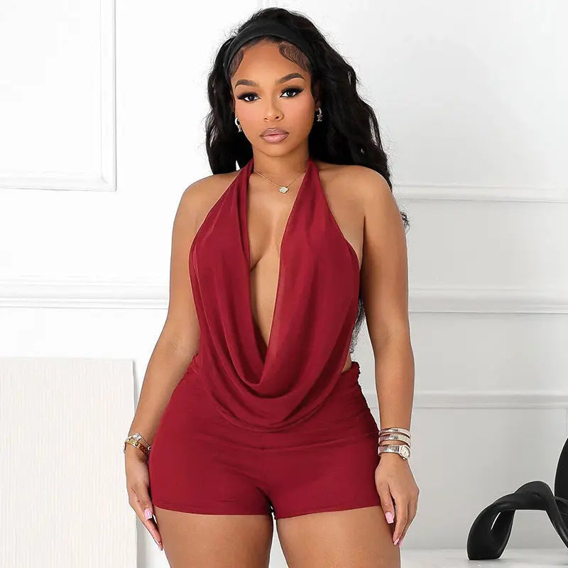 Sexy Solid Color Pant Co-ord Set Featuring Halter Neck, Sleeveless Design, and Short Length in Polyester Shorts UMII