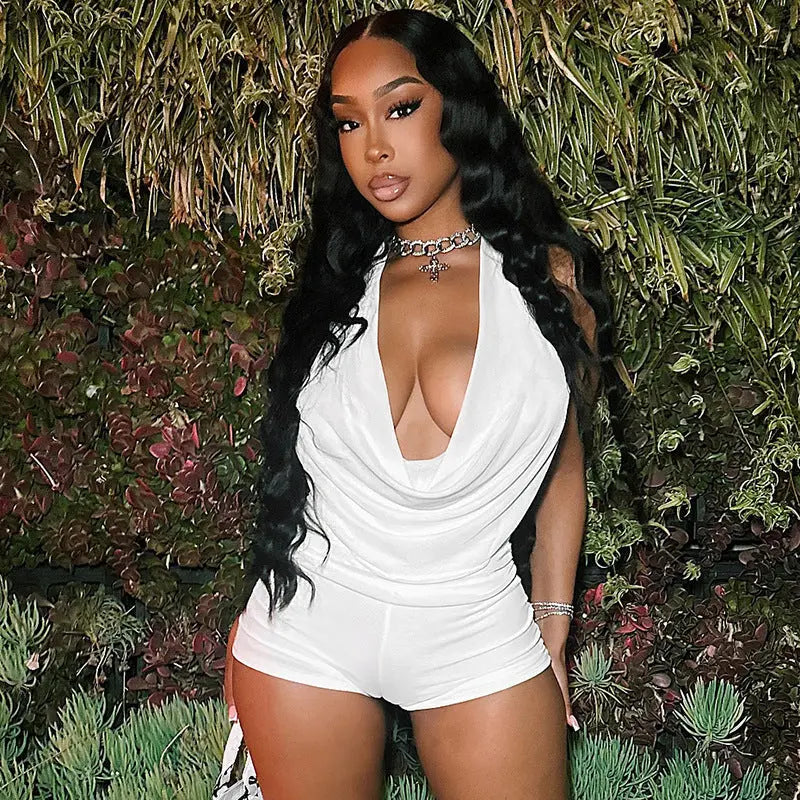 Sexy Solid Color Pant Co-ord Set Featuring Halter Neck, Sleeveless Design, and Short Length in Polyester Shorts UMII