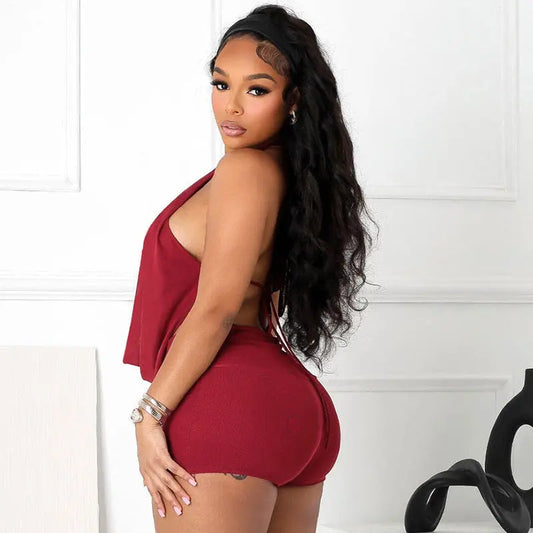 Sexy Solid Color Pant Co-ord Set Featuring Halter Neck, Sleeveless Design, and Short Length in Polyester Shorts UMII