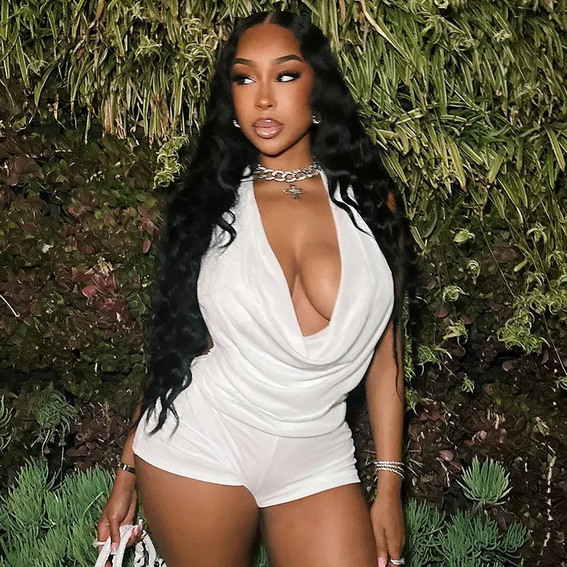 Sexy Solid Color Pant Co-ord Set Featuring Halter Neck, Sleeveless Design, and Short Length in Polyester Shorts UMII