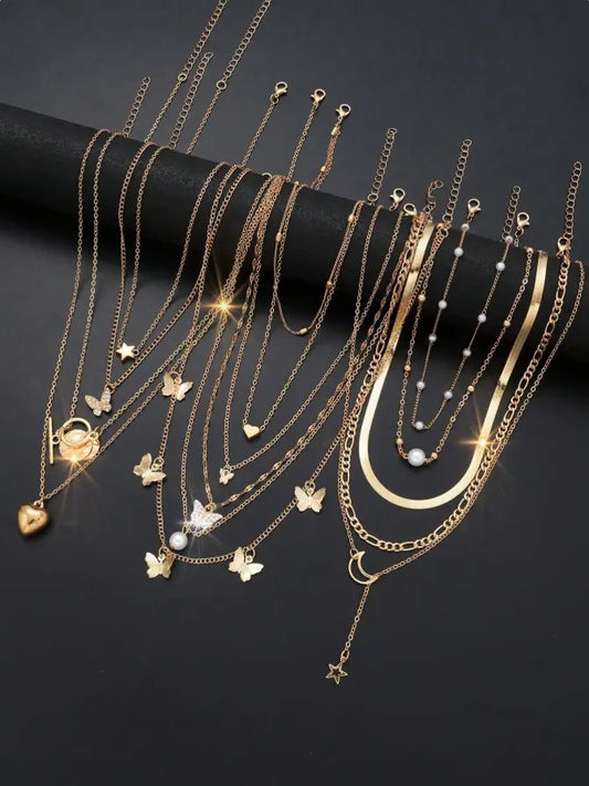 Set de 13 Colliers Superposés – Charms Cœur, Papillon, Étoile & Lune UMII