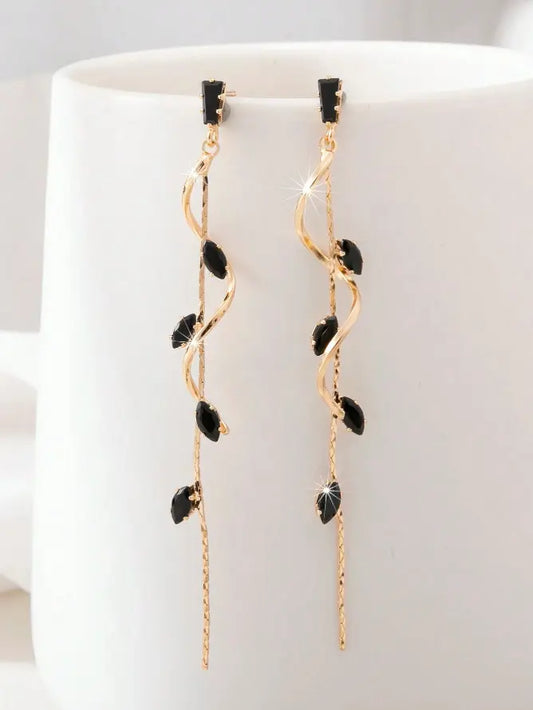 Boucles d’oreilles Pendentif Long – Élégance Feuille & Cristaux UMII