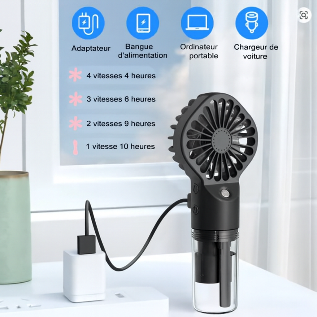 Ventilateur Humidificateur Portable Noir – USB Rechargeable