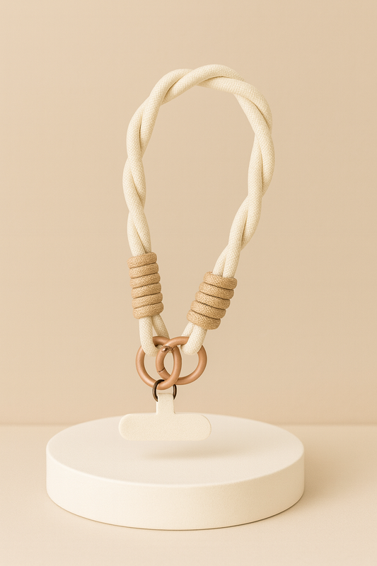 Cordon Décoratif Marguerite – Dragonne de Poignet Tressée pour Téléphone – Beige et Marron