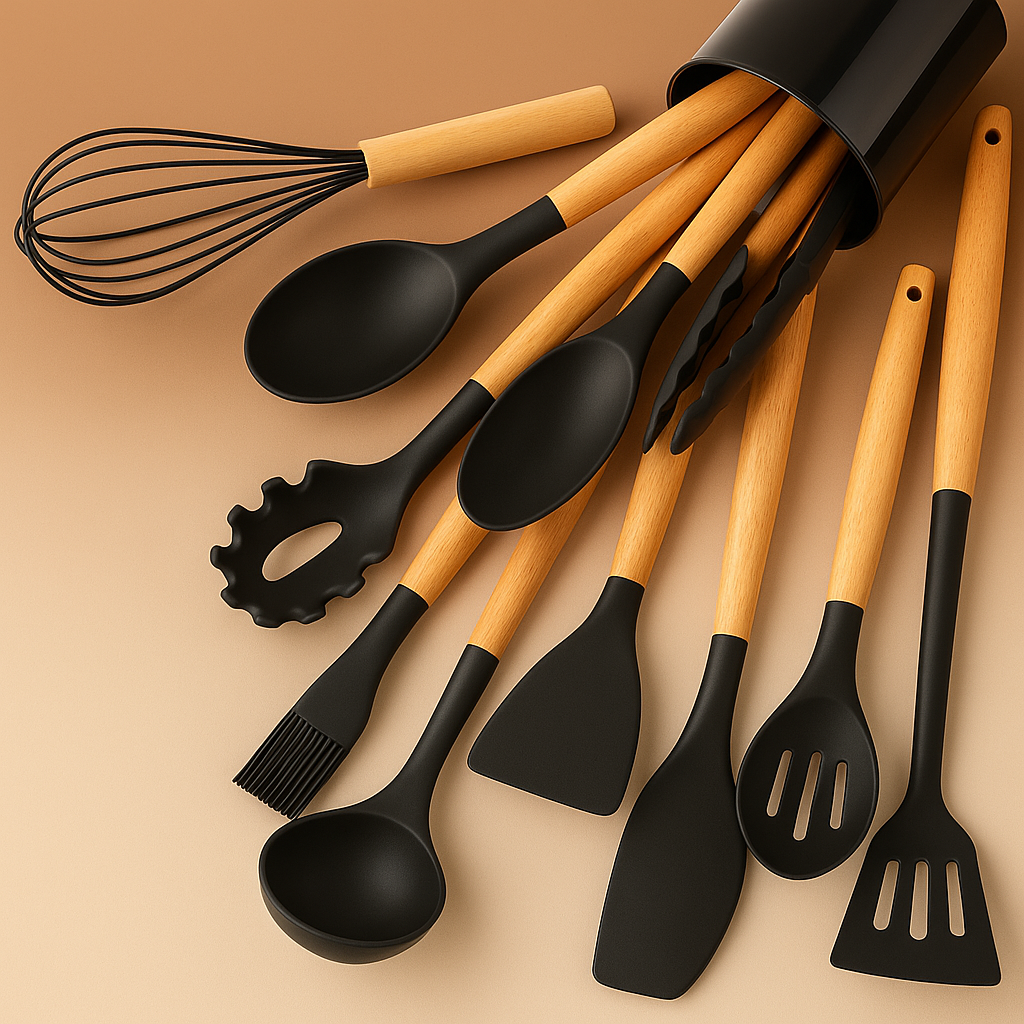Ensemble d’Ustensiles de Cuisine en Silicone avec Manche en Bois – 12 Pièces