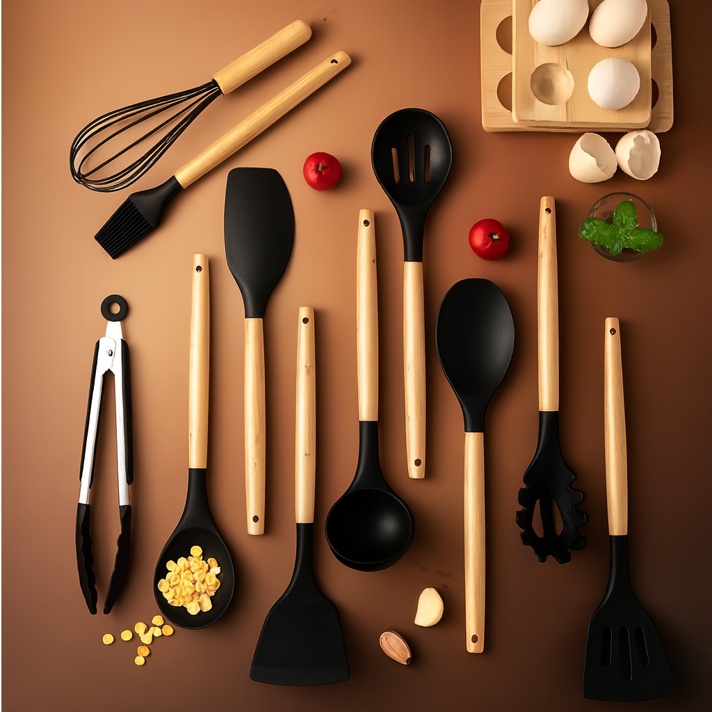 Ensemble d’Ustensiles de Cuisine en Silicone avec Manche en Bois – 12 Pièces