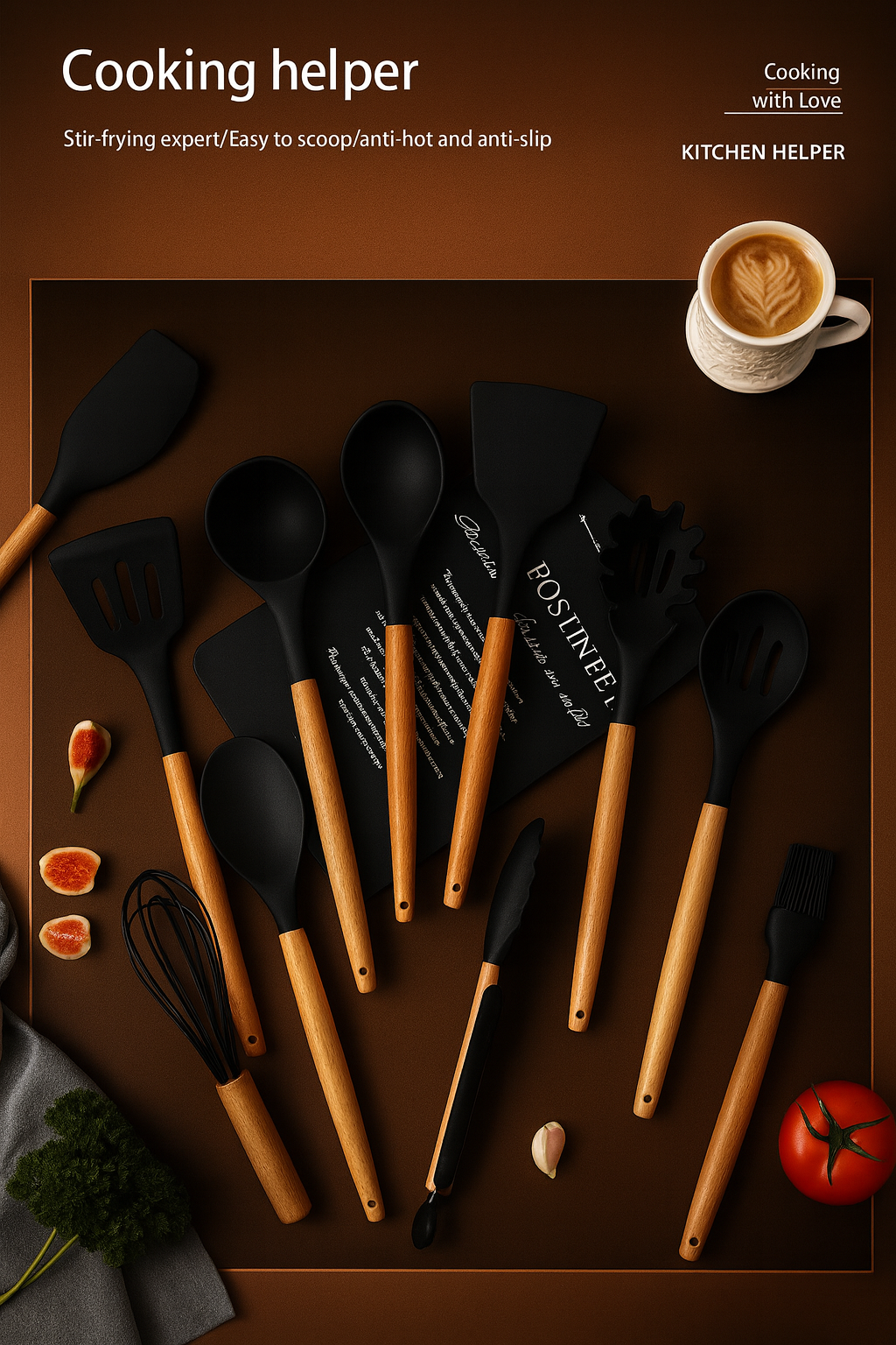 Ensemble d’Ustensiles de Cuisine en Silicone avec Manche en Bois – 12 Pièces