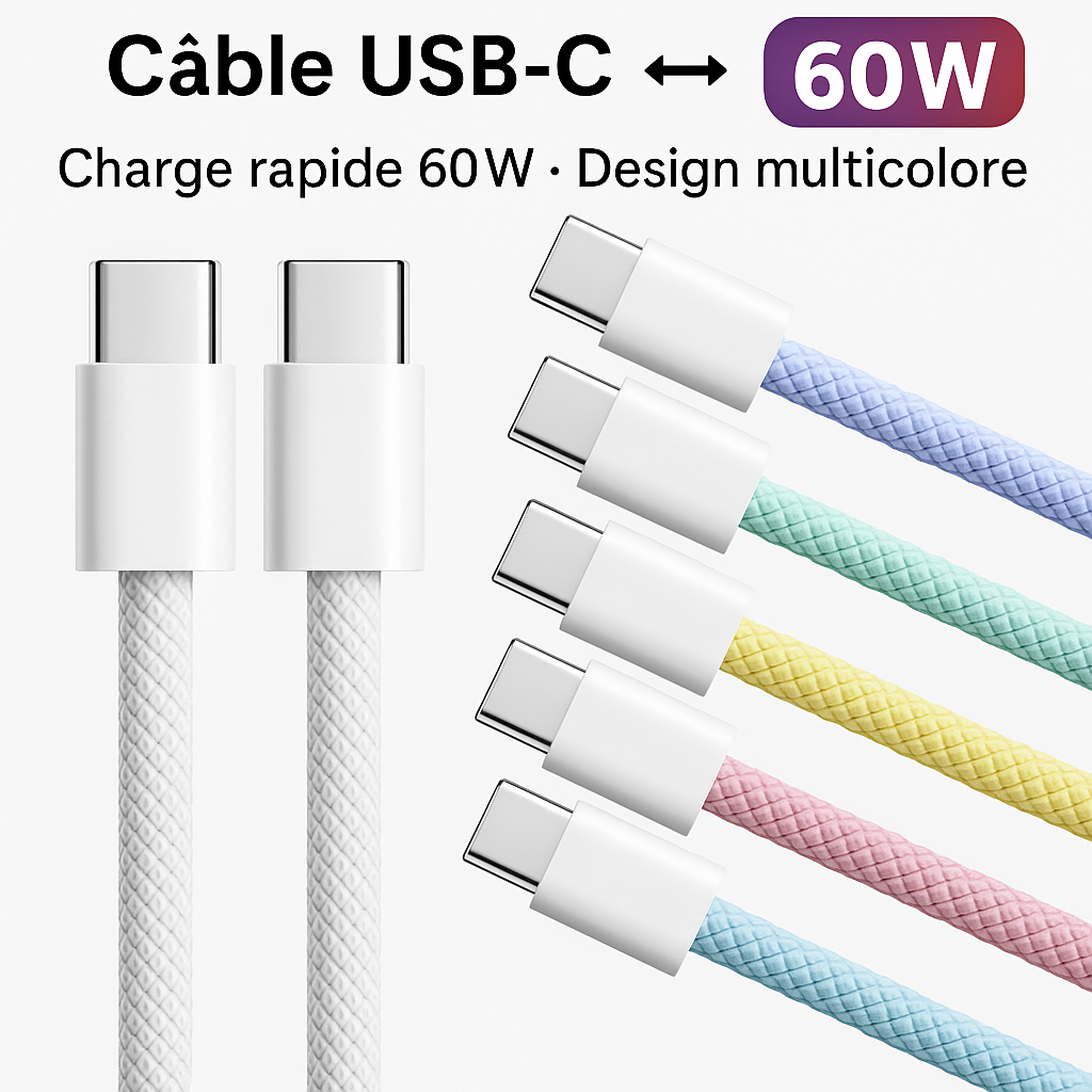 Câble USB-C 60W Tressé – Charge Rapide