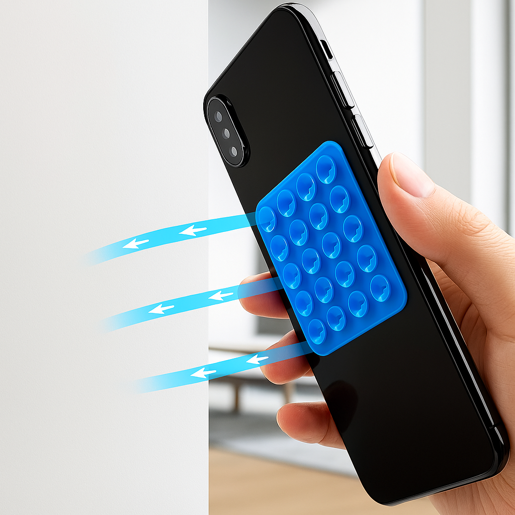 Support Mural Téléphone en Silicone Blanc – Carré, Antidérapant, à Ventouse et Autocollant