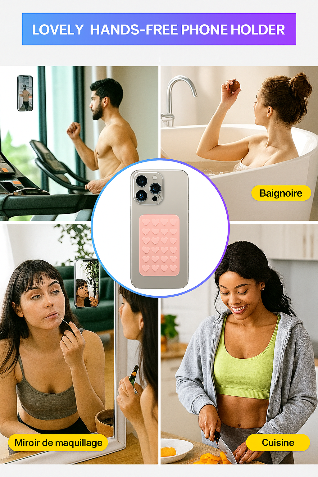 Support Mural Téléphone en Silicone Blanc – Carré, Antidérapant, à Ventouse et Autocollant