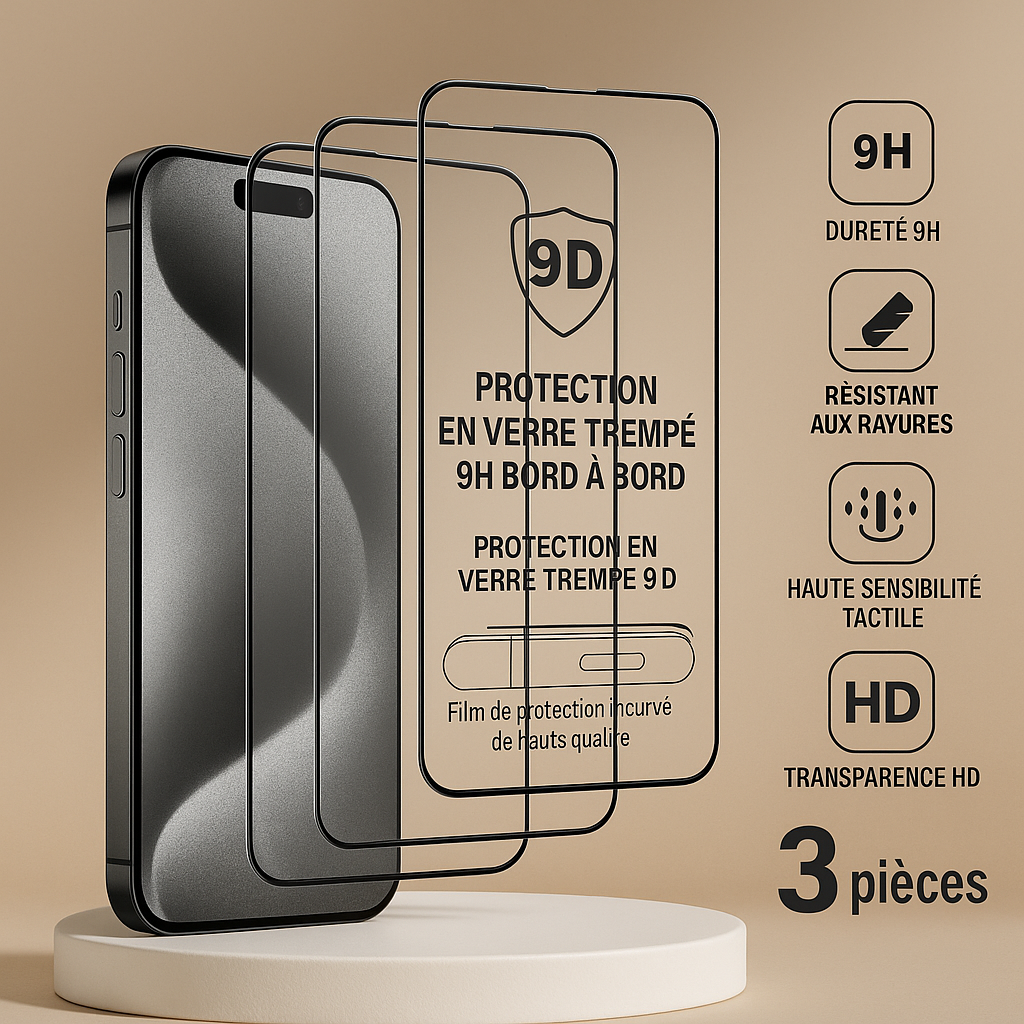 Lot de 3 Verres Trempés 9D – iPhone 16 Pro Max
