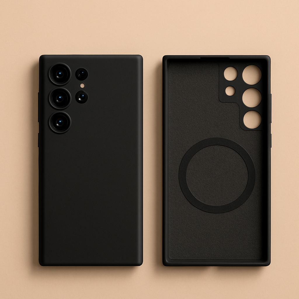 Coque Noire avec MagSafe – Samsung S25 Ultra / Plus / FE – Silicone Liquide Premium & Protection Antichoc