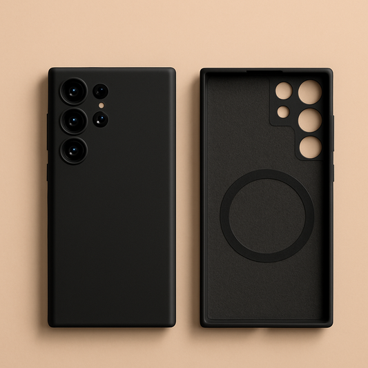 Coque Noire avec MagSafe – Samsung S25 Ultra / Plus / FE – Silicone Liquide Premium & Protection Antichoc
