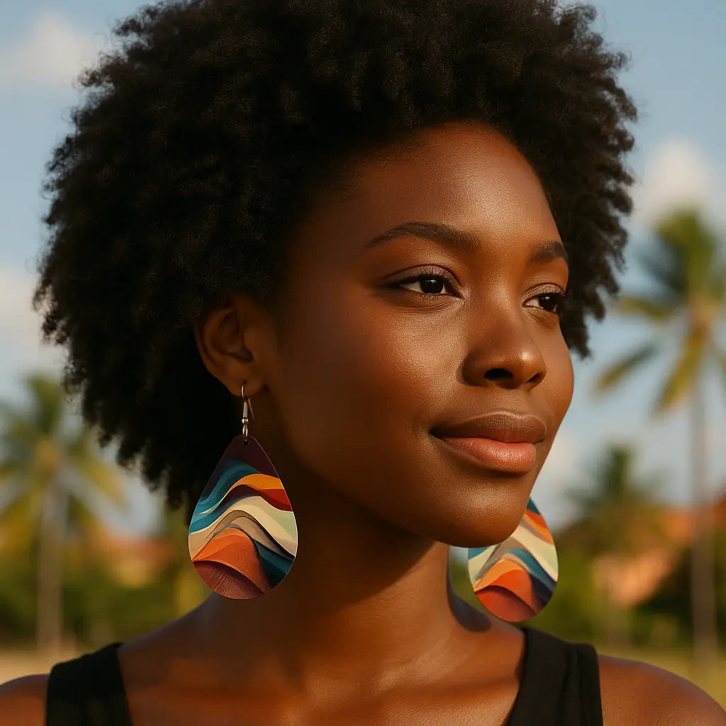 Boucles d’oreilles goutte en bois – Imprimé arc-en-ciel UMII