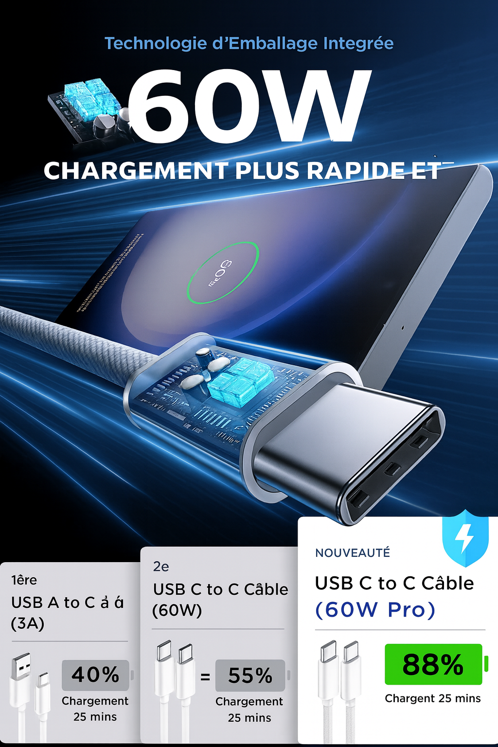 Câble USB-C 60W Tressé – Charge Rapide
