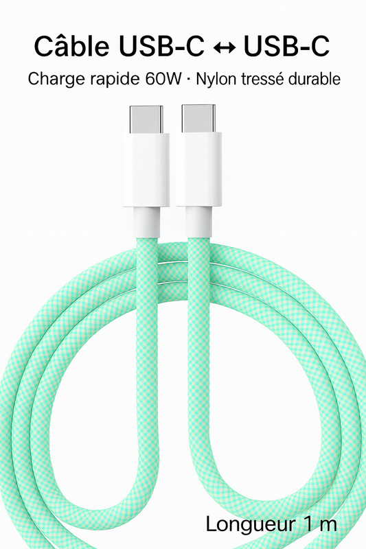 Câble USB-C 60W Tressé – Charge Rapide