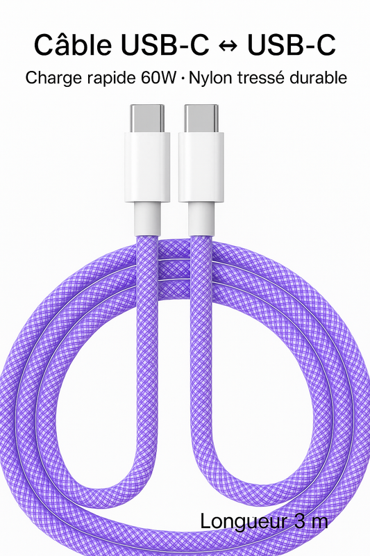 Câble USB-C 60W Tressé – Charge Rapide