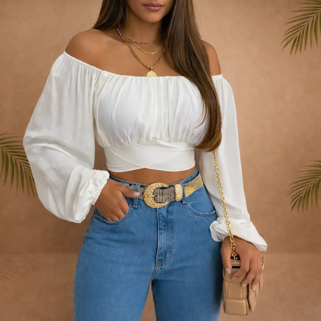 Chemisier femme manches longues – col bateau épaules dénudées UMII