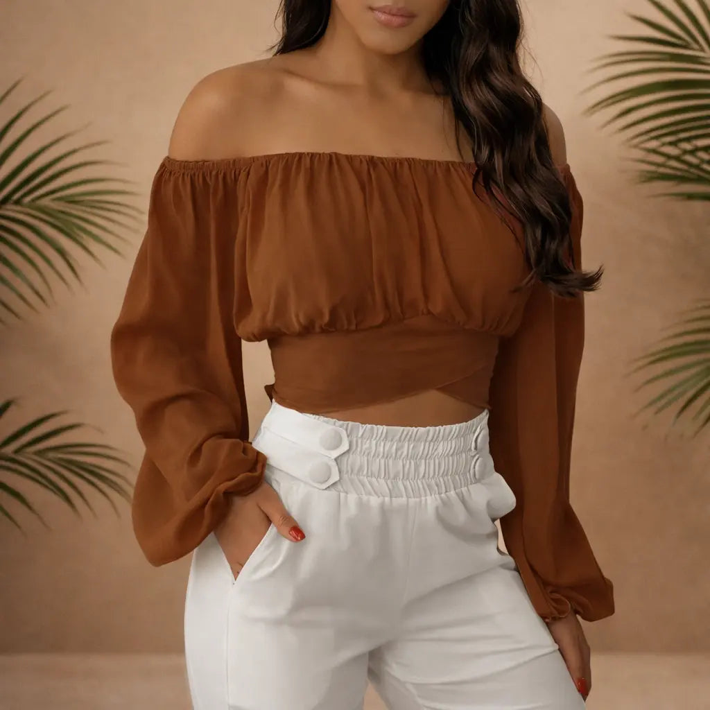 Chemisier femme manches longues – col bateau épaules dénudées UMII