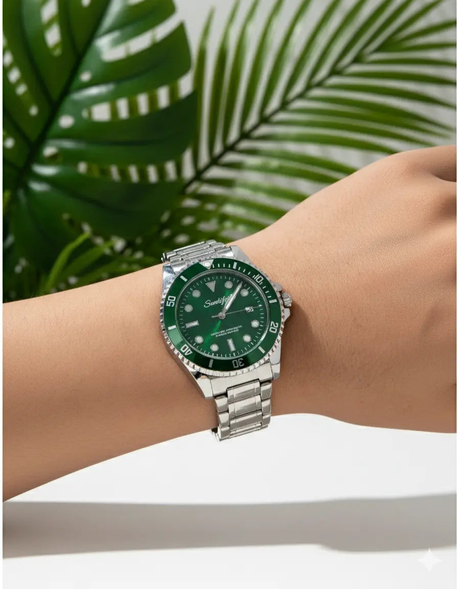 Montre Homme Classique & Étanche – Acier Argent & Cadran Vert UMII