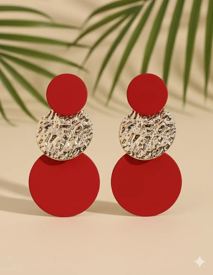 Boucles d’Oreilles Pendantes Rondes – Rouge & Doré UMII
