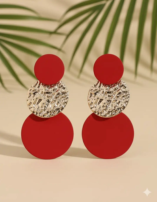 Boucles d’Oreilles Pendantes Rondes – Rouge & Doré UMII