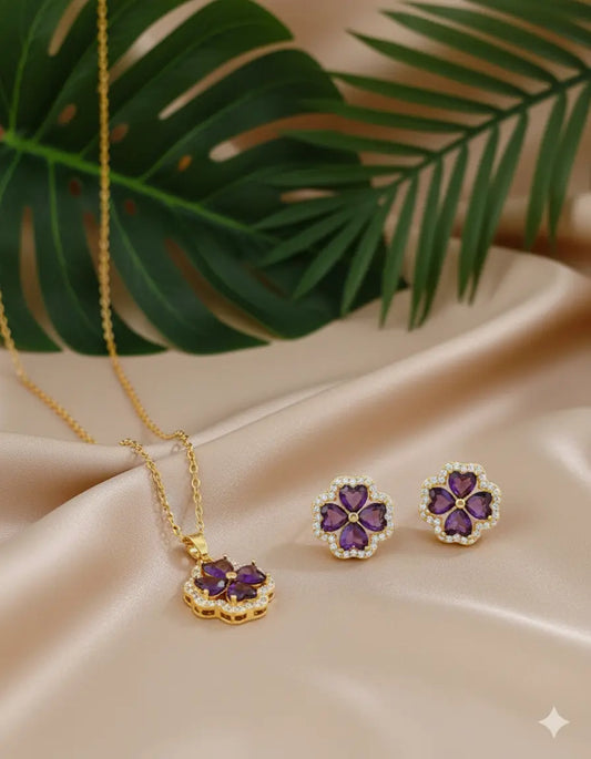 Parure Fleur de Trèfle Violet – Acier Inoxydable & Strass UMII
