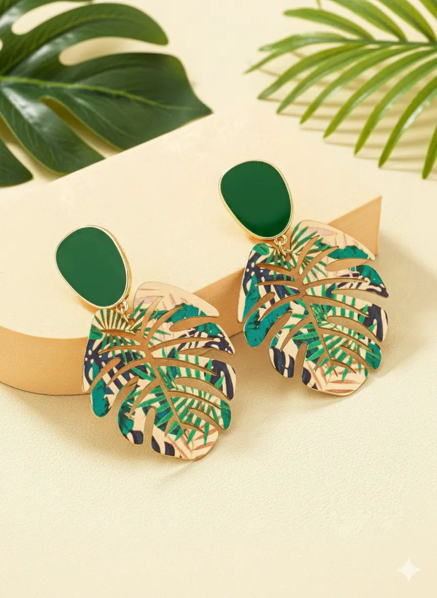 Boucles d’Oreilles Feuille Tropicale – Vert & Or UMII