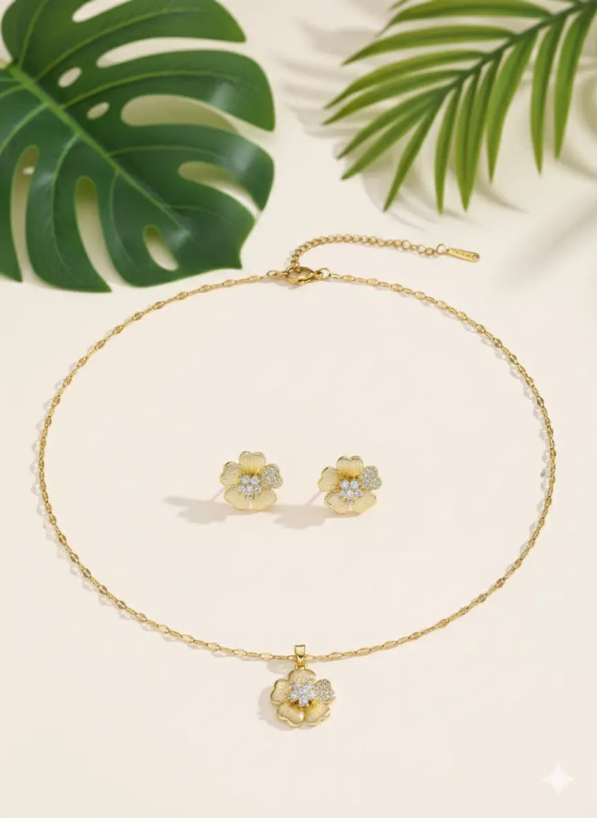 Parure Florale Dorée – Acier Inoxydable & Strass UMII