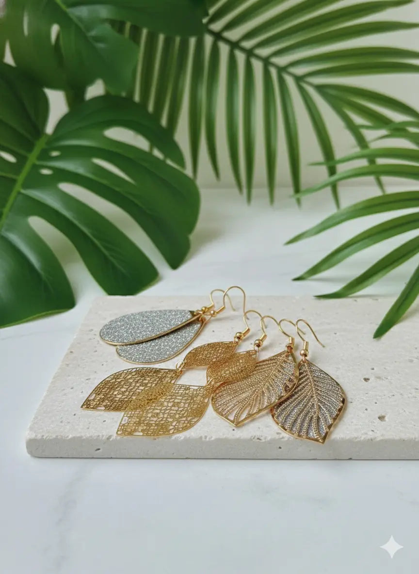 Lot de 3 paires de boucles d’oreilles feuille & goutte – Style élégant UMII