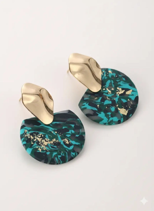 Boucles d’oreilles en argile marbrée – Doré & Vert Émeraude UMII