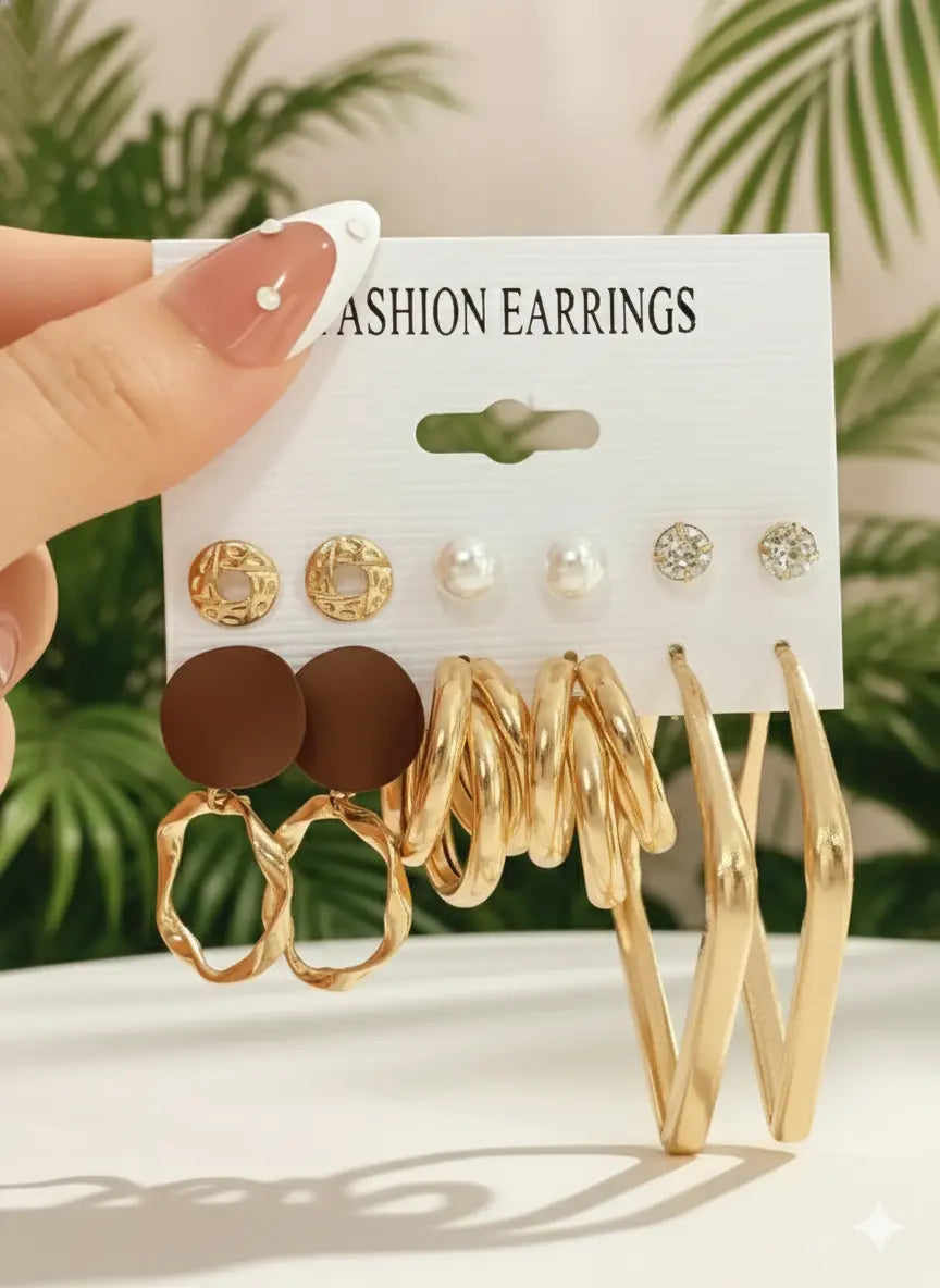 Lot de 6 Paires de Boucles d’Oreilles – Perles & Métal Doré UMII