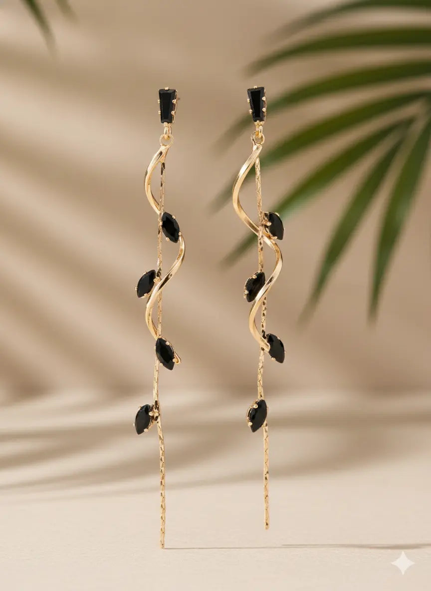 Boucles d’oreilles Pendentif Long – Élégance Feuille & Cristaux UMII