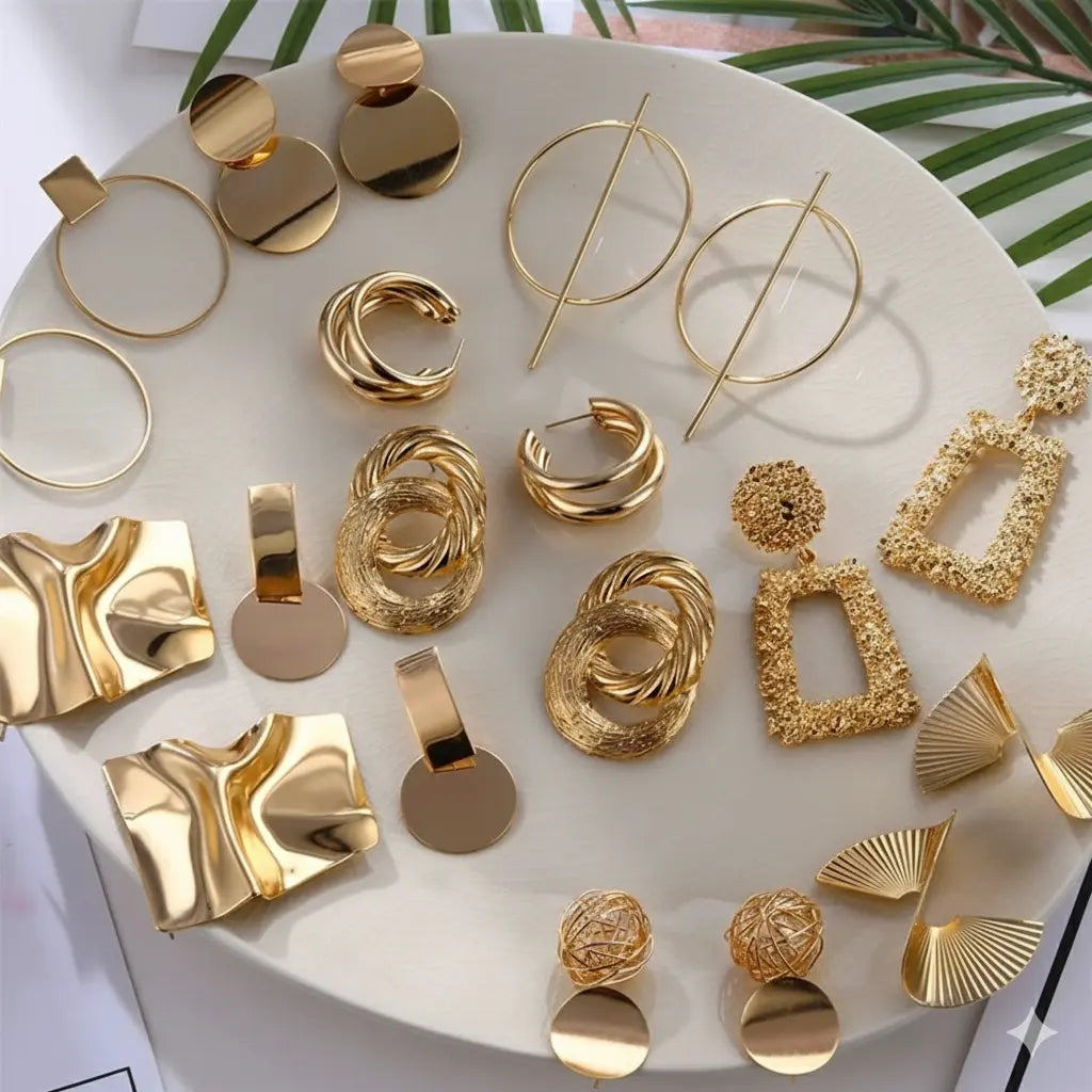 Ensemble de 5 paires de boucles d’oreilles géométriques dorées – Style chic & moderne UMII